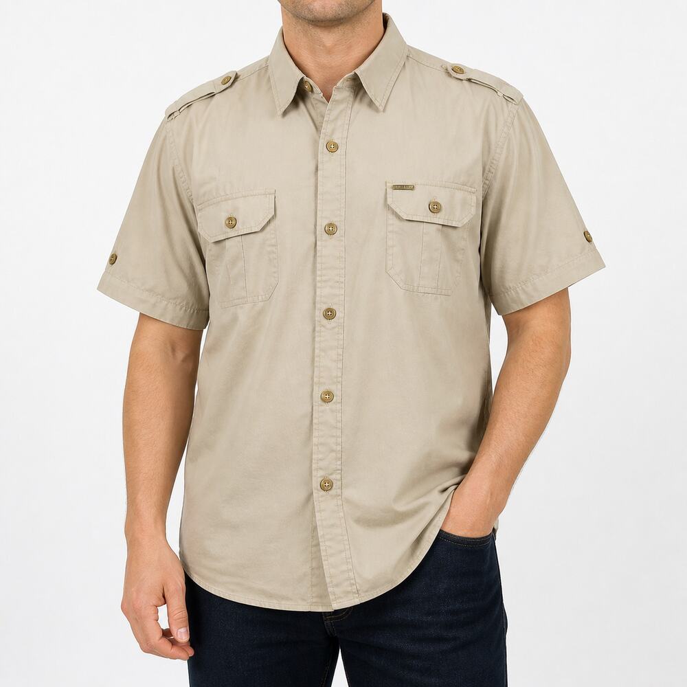 Ablanche Shirt Mens XL Beige 100% Cotton Classic Metal Button